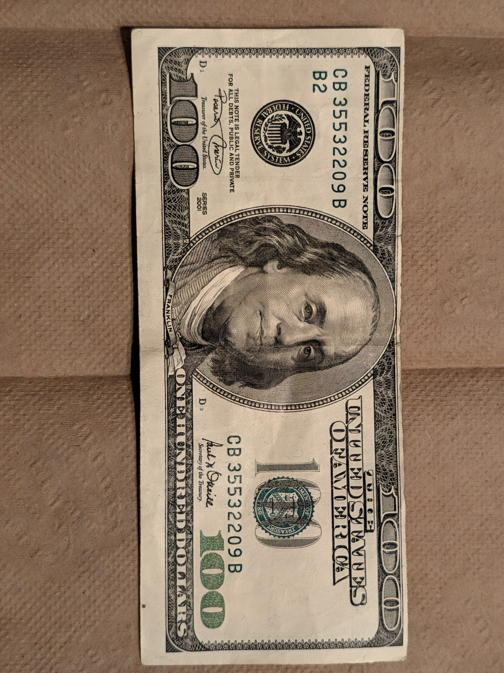 Misaligned 2001 $100 Bill. U.S Mint.2 Run Print Error.